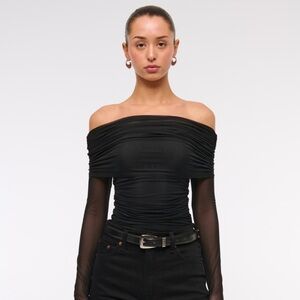 Abercrombie & Fitch Long Sleeve Mesh Black Off-Shoulder Bodysuit